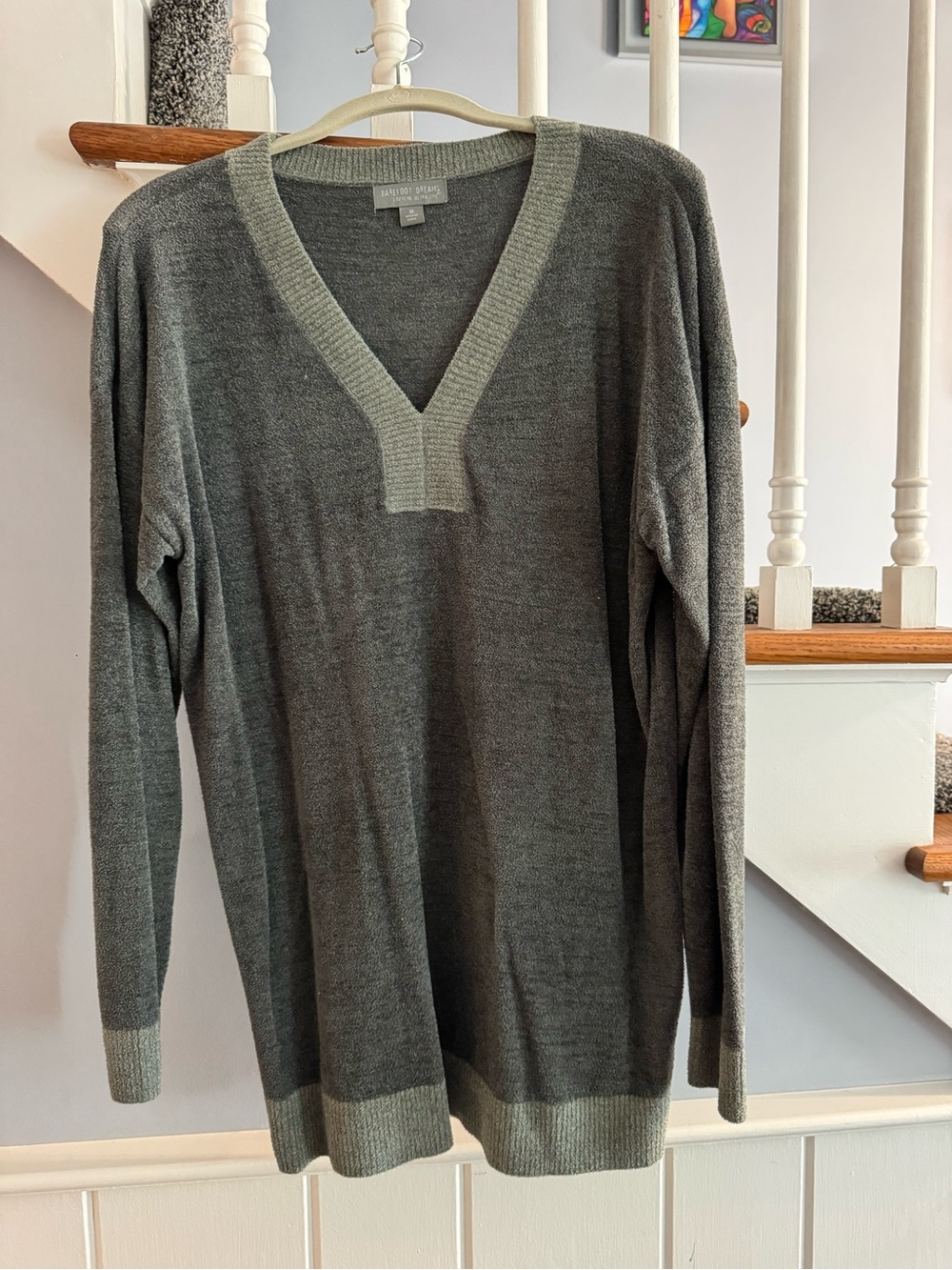 Barefoot Dreams Gray V-Neck Sweater with Light Gray Trim